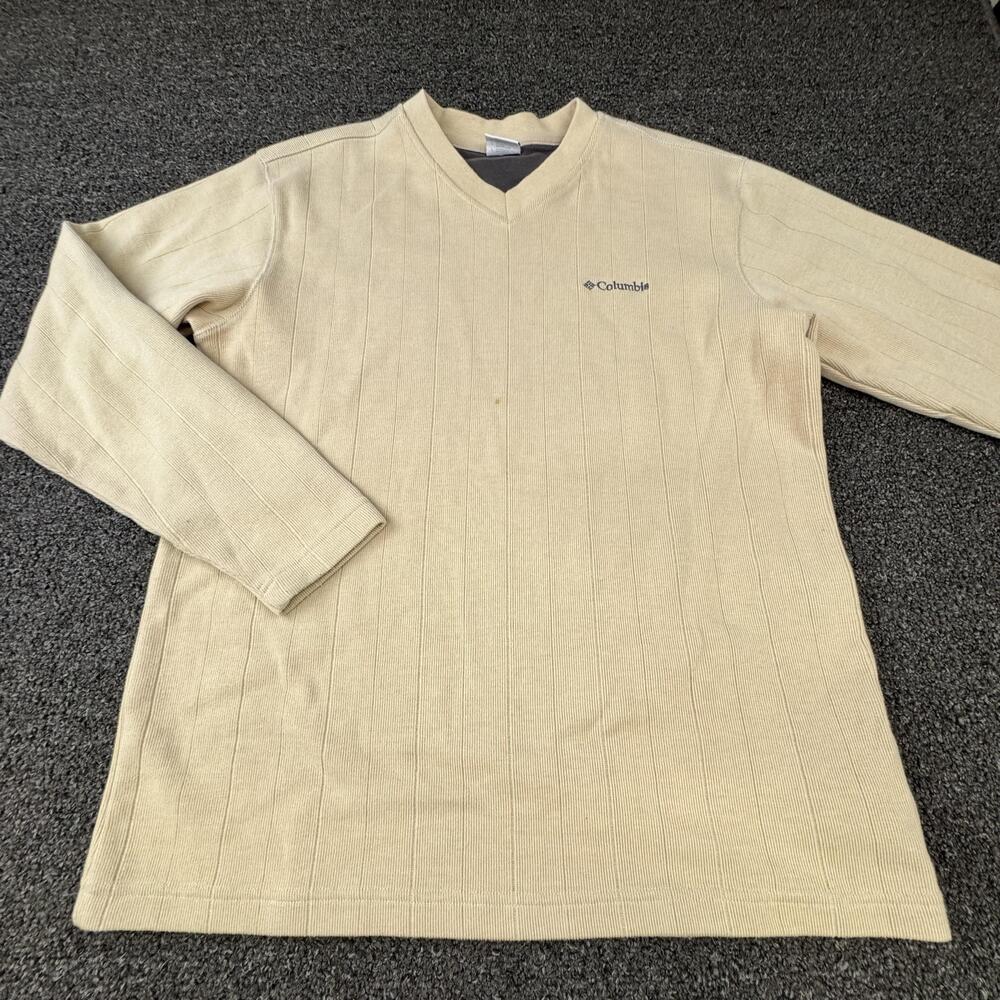 Columbia Sweater Mens L Beige V-Neck Cotton Blend Lightweight Pullover Logo